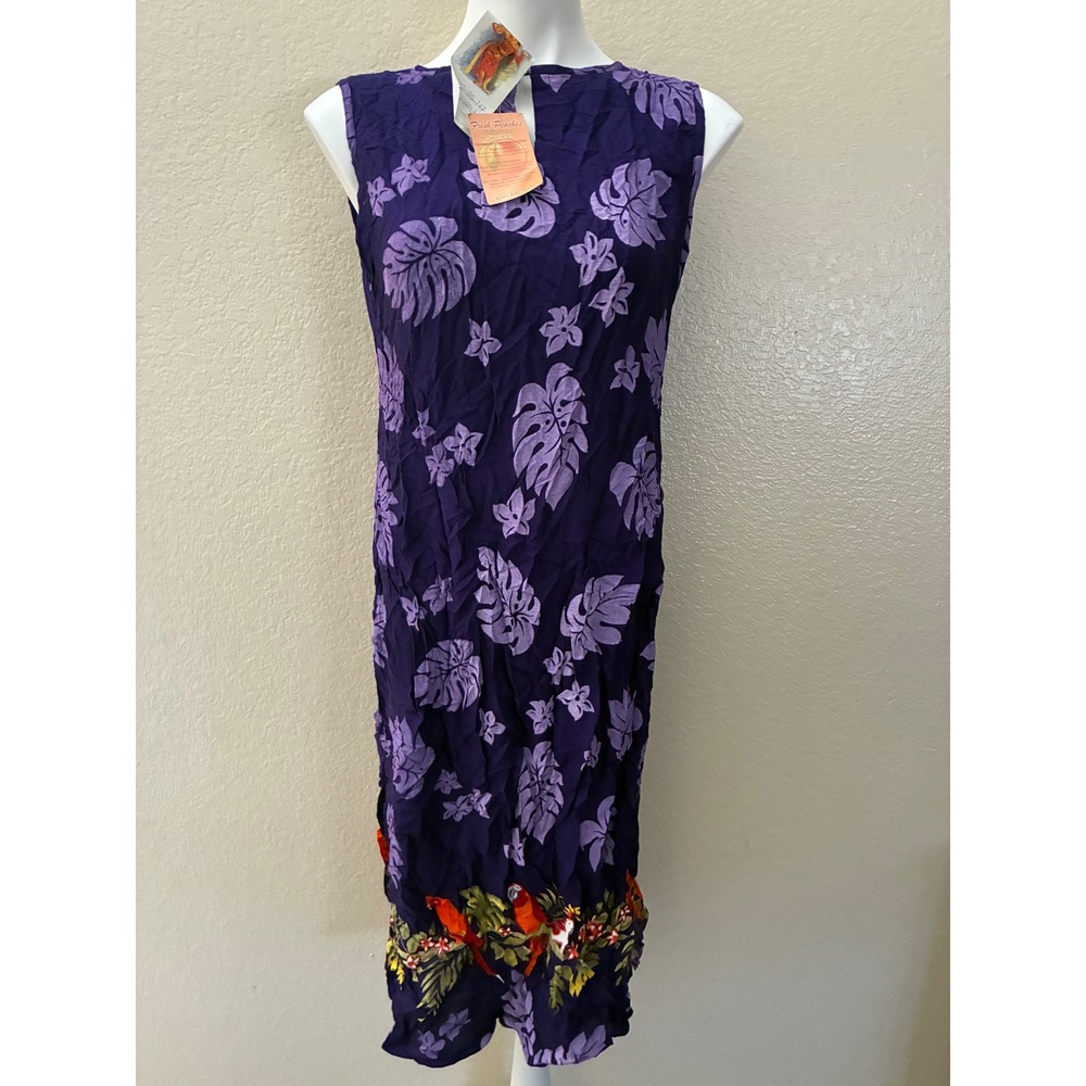 Fresh Produce Purple Tropical Parrot Floral Crinkle Rayon Midi Dress XL NWT